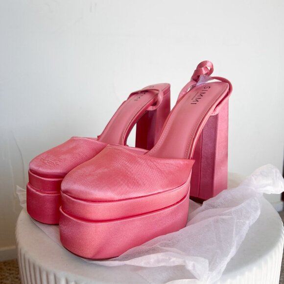 Simmi London Pink Satin Platform Chunky Heel Closed Toe with Buckle Ankle Strap - Picture 3 of 16